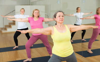Fototapeta premium Mature European women are doing warrior II pose