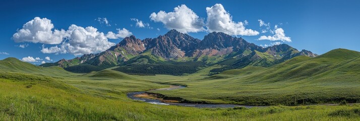 Fototapeta premium Majestic Mountain Range with Winding River and Lush Green Valley