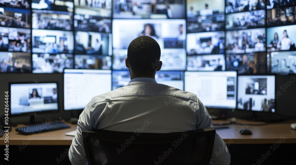 Poster student engaged with multi-screen setup in study room