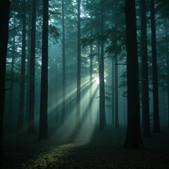 Fototapeta premium Mystical forest with glowing mist and towering ancient trees