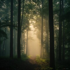 Fototapeta premium Mystical forest with glowing mist and towering ancient trees