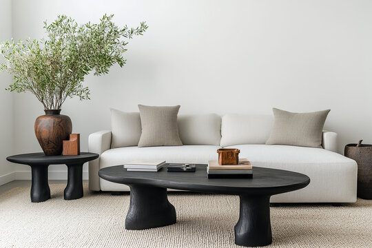 A stylish living room showcases white walls and a light grey sofa with a black coffee table in the center. Flanking side tables hold brown wooden candle holders and books, complemented by olive green 