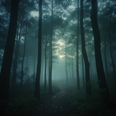 Obraz premium Mystical forest with glowing mist and towering ancient trees