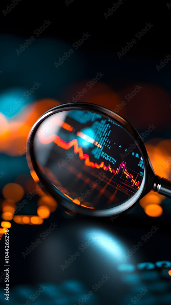 Poster a magnifying glass is used to look at a graph of numbers