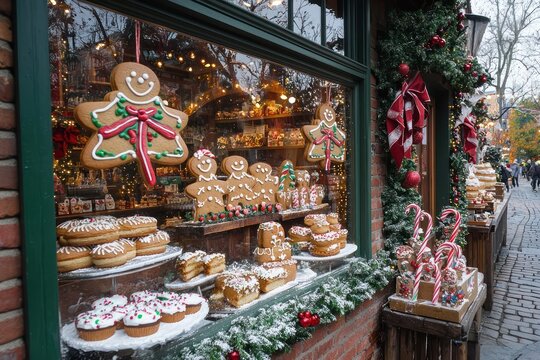 A quaint bakery with a window display gingerbread cookies, candy canes, and festive holiday cakes