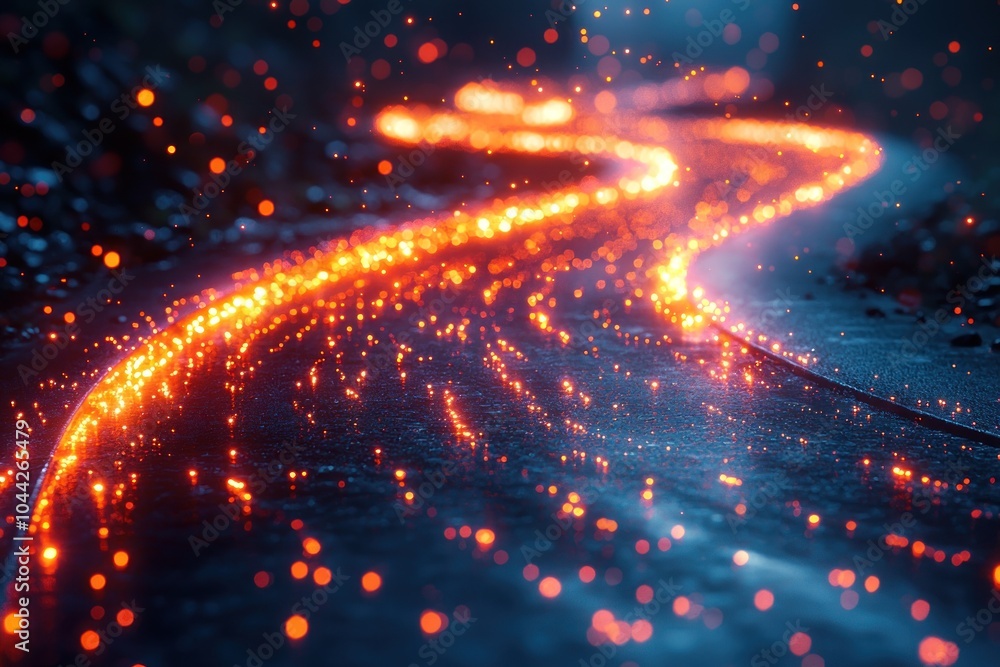 Poster abstract path of glowing orange and red particles on a dark blue surface