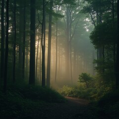 Obraz premium Mystical forest with glowing mist and towering ancient trees