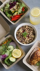 Healthy takeaway meal with grains, salad, and lemonade in eco-friendly packaging for delivery