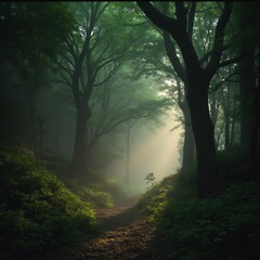 Fototapeta premium Mystical forest with glowing mist and towering ancient trees