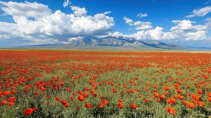 Fototapeta premium A vast field of red poppies blooms beneath a blue sky with fluffy white clouds and a mountain range in the background.