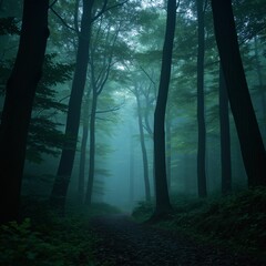 Mystical forest with glowing mist and towering ancient trees