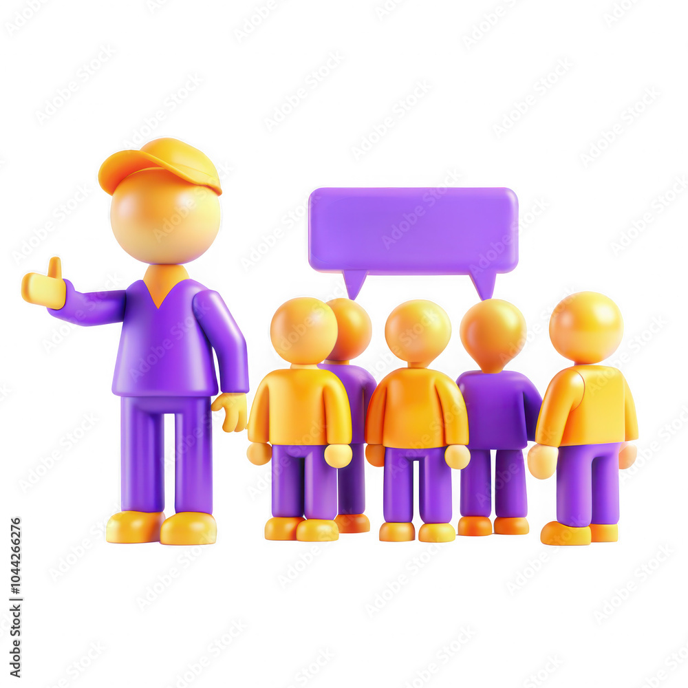 Poster a colorful 3d render showing a group of stylized figures, one with a speech bubble, symbolizing comm