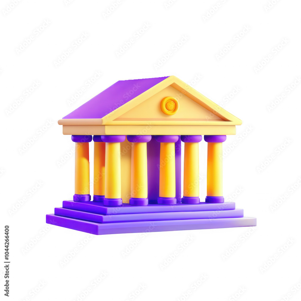 Poster a vibrant 3d model of a classical building, featuring a purple and yellow color scheme with ornate p