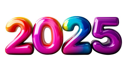 Year 2025 in 3 letters of various colors, transparent background, png format