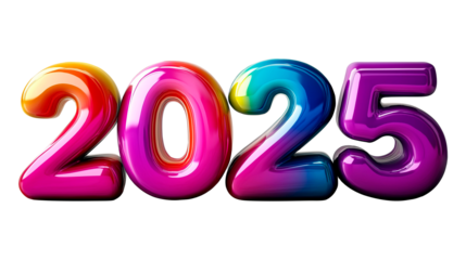 Year 2025 in 3 letters of various colors, transparent background, png format
