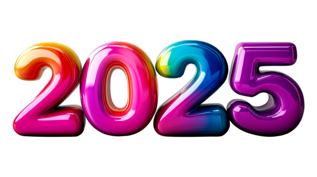 Year 2025 in 3 letters of various colors, transparent background, png format