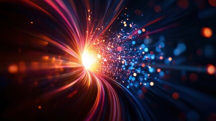 Naklejka premium Abstract light trail with colorful particles on a dark background.