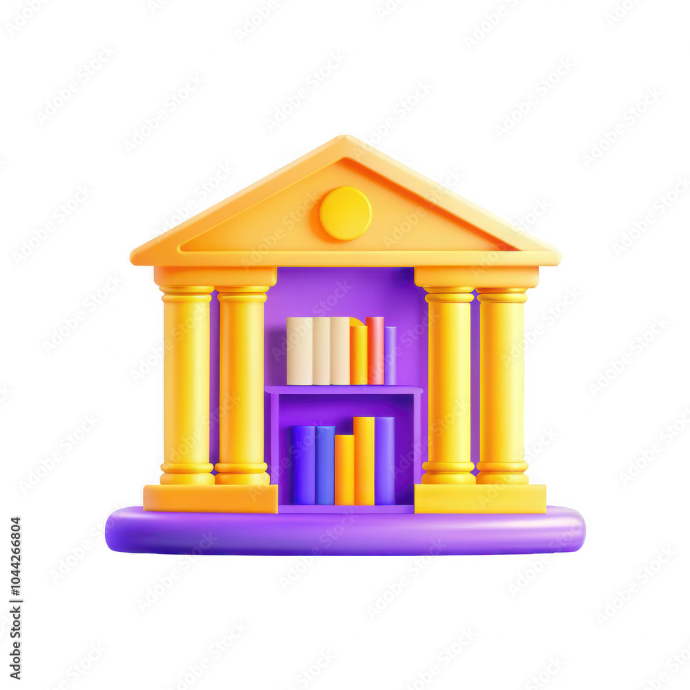 Poster a vibrant 3d render of a library building with colorful columns and a shelf of books, set against a 