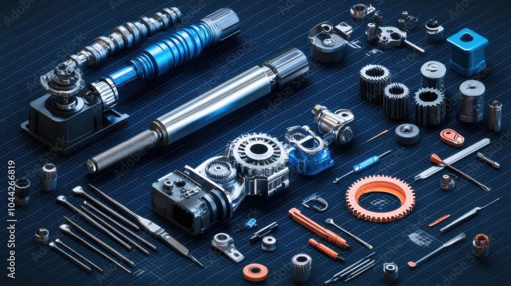 Poster 3d isometric mechanical system components overview