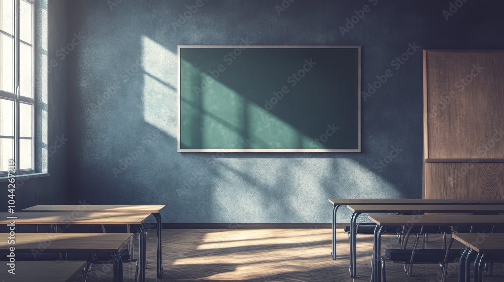 Poster an empty classroom with a blackboard, desks, and a window with sunlight streaming in.