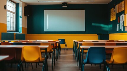 Empty classroom with projector screen and colorful desks.