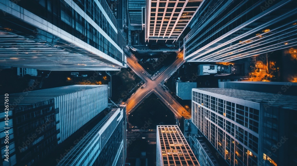 Poster an aerial view of a city intersection at night, looking down from above. the street grid forms a cro