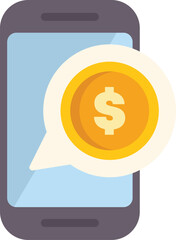 Smartphone is showing a speech bubble containing a gold coin with a dollar sign, representing online payment