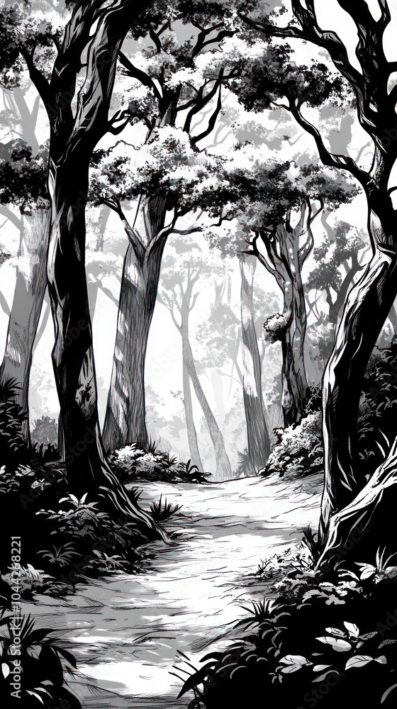Poster a winding path through a dense, black and white forest with light filtering through the leaves, crea