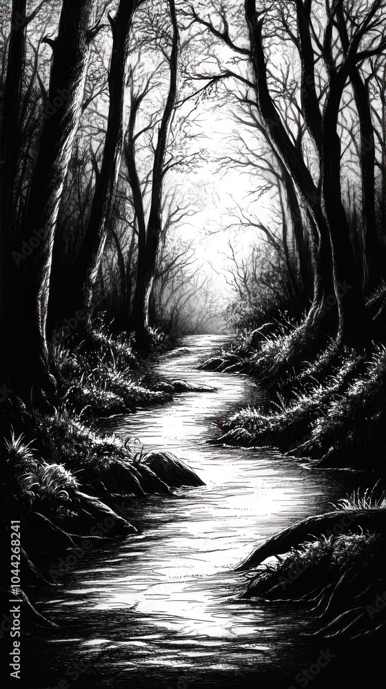 Poster A winding creek flows through a dark and foreboding forest, sunlight peeking through the trees in the distance.