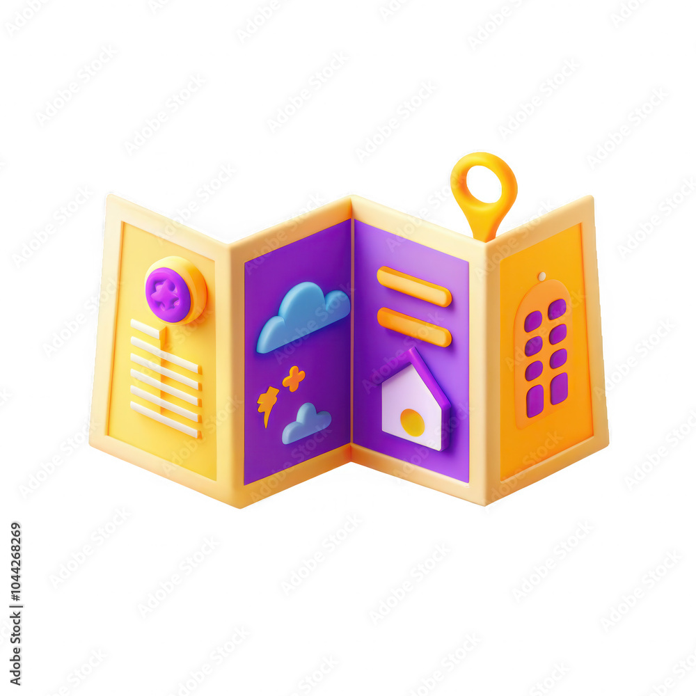 Poster a vibrant 3d model of a map with colorful sections and icons, showcasing elements like clouds and a 