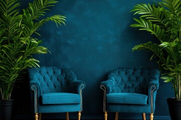 Obraz premium Chic living room with teal armchairs and lush green plants against a textured wall.