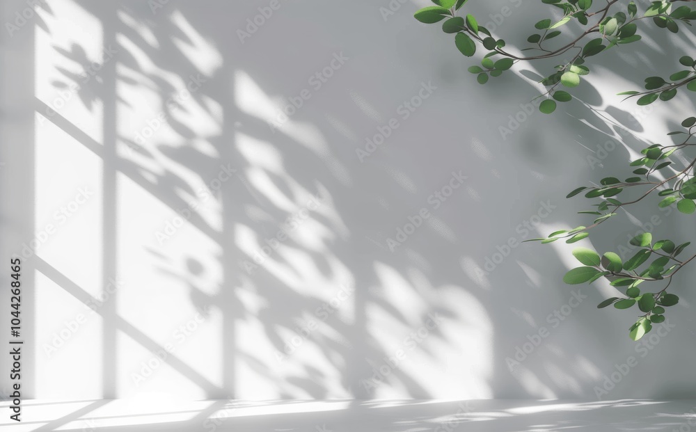 Poster minimalistic background with window and leaf shadows on white wall for summer product presentation