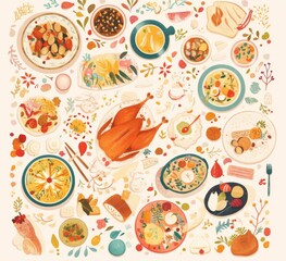 Flat Lay Illustration of Various Dishes for a New Year's Eve Dinner, Featuring Turkey, Garlicky Kuleshka, Knish, Macarons, Gingerbread Cookies, and Meringues on a White Background.