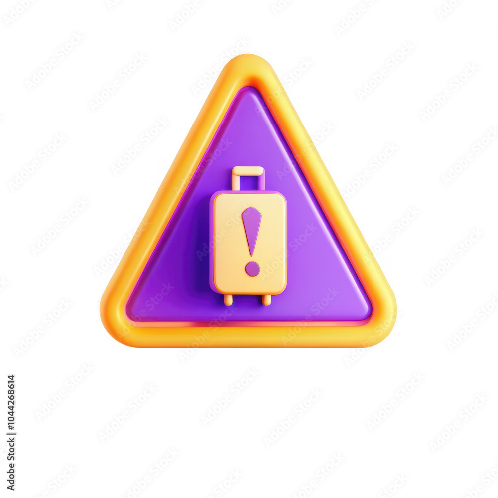 Poster a 3d rendered model of a warning sign featuring a suitcase with an exclamation mark inside a purple 