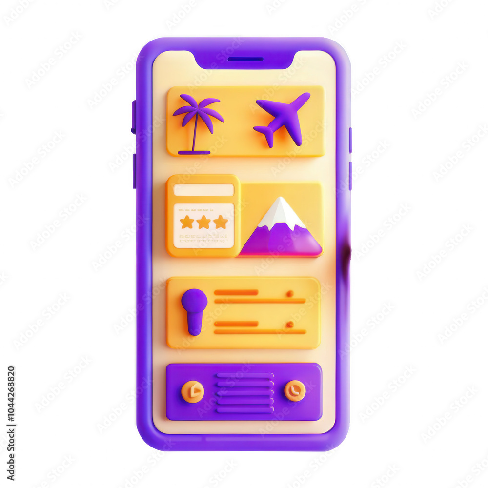 Poster a colorful 3d model of a mobile app interface featuring icons like a palm tree, airplane, and mounta