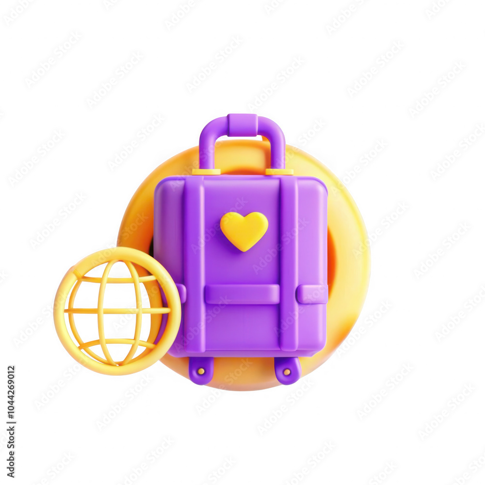 Poster this 3d render features a vibrant purple suitcase with a heart design and an abstract globe, symboli