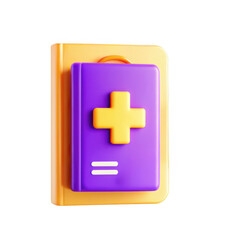 Obraz premium A vibrant 3D model of a medical book with a purple cover and a yellow plus sign, designed to represent health and healthcare.