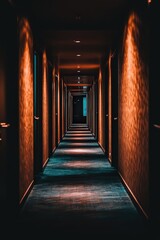 Fototapeta premium Dark hotel hallway with moody lighting