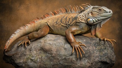 Obraz premium A large green iguana lizard with orange and black markings perched on a rock.
