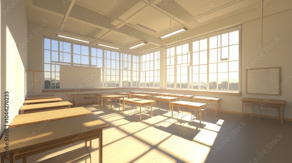 Poster empty classroom with large windows and desks, illuminated by warm sunlight.
