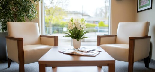 Fototapeta premium Two comfortable white chairs, a wooden coffee table with magazines and a plant in a white pot against a window with a blurred view of trees.