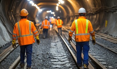 Construction workers walking on train tracks in a tunnel.