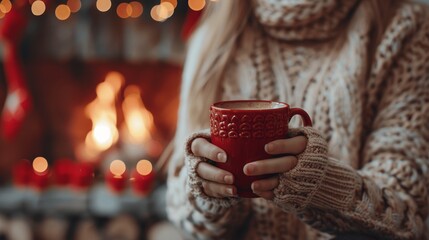 Woman holding red mug with hot coffee by cozy Christmas fireplace on winter night