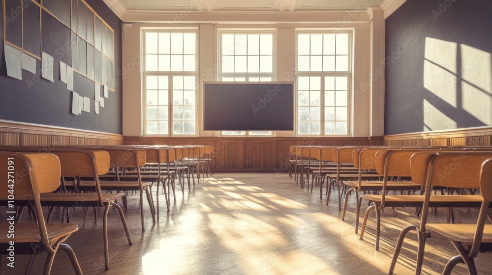 Poster empty classroom with rows of desks and chairs, a large screen, and large windows letting in sunlight