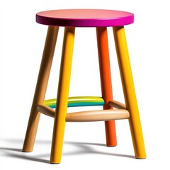 Colorful wooden stool with a round top and vibrant legs, isolated on a white background.