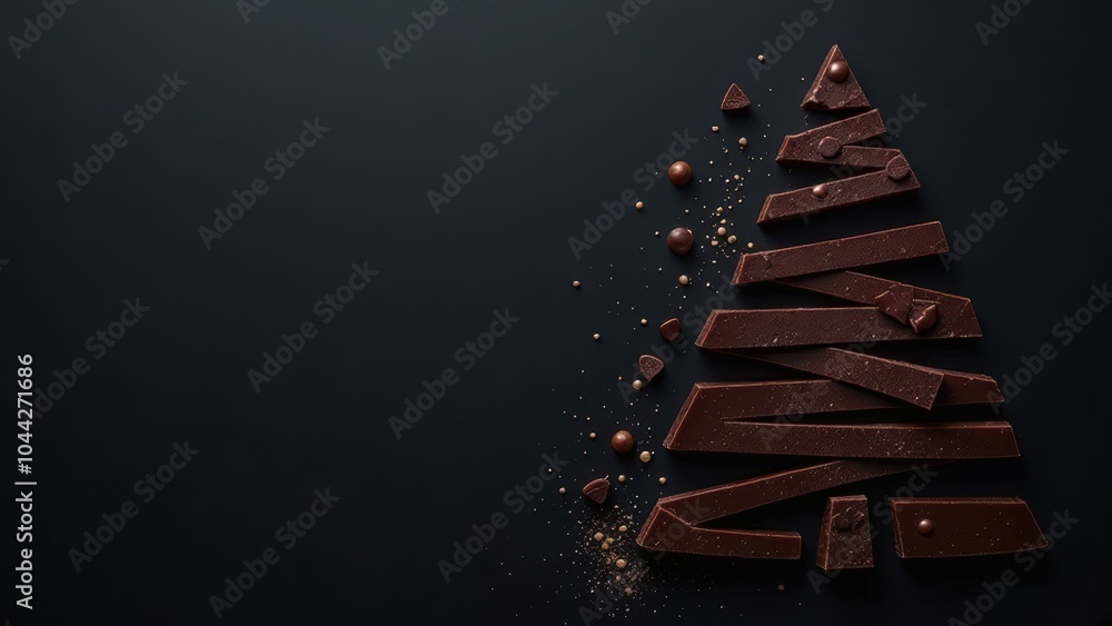 Wall mural chocolate pieces forming shape of christmas tree on dark background, banner with copy space. delicio