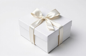 Obraz premium mockup white gift box with white satin ribbon on white background