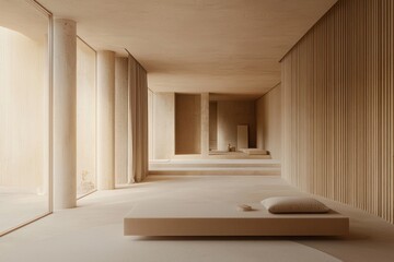 Fototapeta premium Minimalist Interior Design with Wooden Panels and a Platform Bed