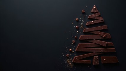 chocolate pieces forming shape of Christmas tree on dark background, banner with copy space. delicious Christmas, New Year, event invitation or menu, confectionery advertising or promotion concept.