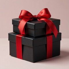 Obraz premium two black cardboard gift boxes with red ribbon